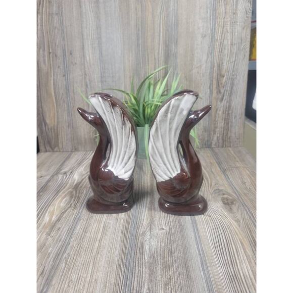 Vintage Swan Vases, Brown Drip MCM Art Deco 8-1/4" Redware Pottery - Picture 1 of 5